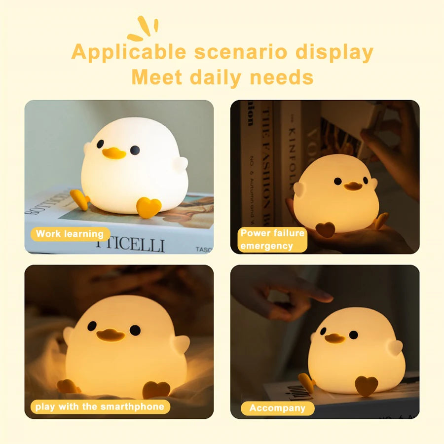 Doudou Duck Silicone Night Light - USB Rechargeable Bedside Alarm Lamp for a Cozy Bedroom Ambiance